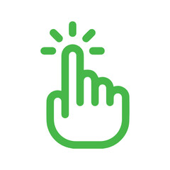 A green hand icon with the index finger extended and radiating lines above the fingertip on white