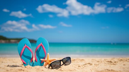 Escape to paradise with vibrant flip-flops, starfish, and sunglasses on a sun-kissed beach, perfect for summer vacations and tropical getaways