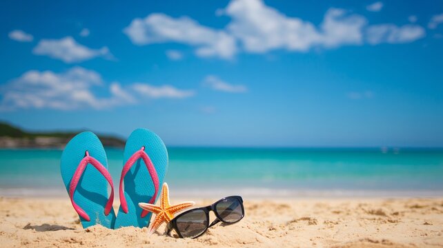 Escape to paradise with vibrant flip-flops, starfish, and sunglasses on a sun-kissed beach, perfect for summer vacations and tropical getaways