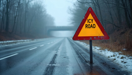 Fototapeta premium Icy Road warning sign stands on a wet asphalt highway. Tire marks are visible on the slippery pavement with ice. Snow patches sit on road shoulder. Bare trees line the foggy winter road. Bridge ahead.