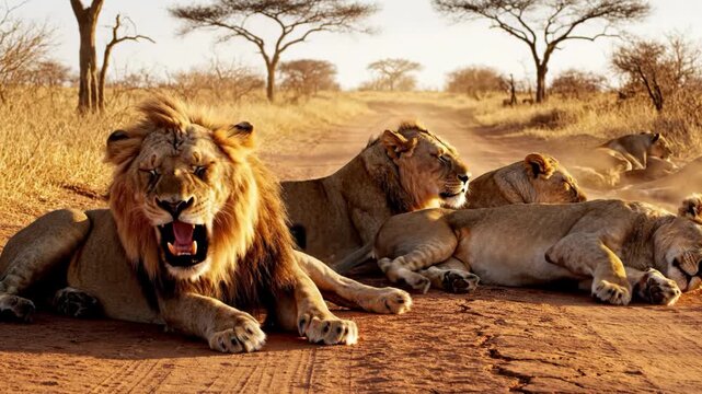 A pride of lions rests on a dirt road in the african savanna