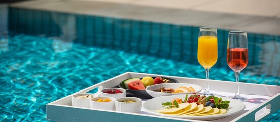 Indulge in a luxurious breakfast spread with refreshing drinks by the sparkling poolside, a perfect escape for relaxation and indulgence.