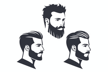 Three stylish black silhouette portraits show different beard and hairstyle choices for modern men