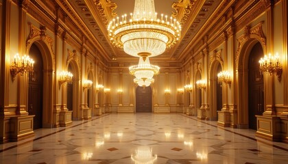 Grand palace hall with ornate gold details and crystal chandeliers. Marble floor reflects soft light from wall sconces. Luxurious interior of an old royal residence.