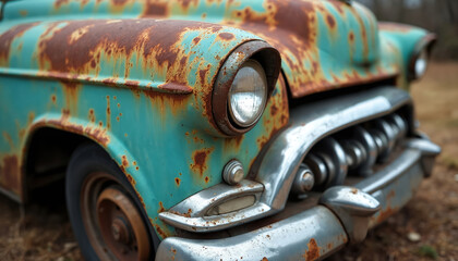 Old turquoise car shows severe rust damage and peeling paint. Focus on worn metal texture and automotive detail. This antique vehicle displays a neglected condition.