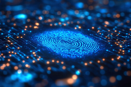 A glowing digital fingerprint represents modern biometric security. The image highlights advanced identification and data protection technology.