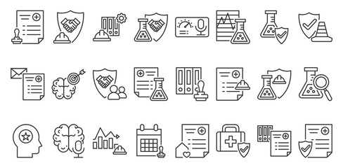 Icon pack Health Safety and Environment creative outline vector style for workplace safety training industrial risk prevention environmental protection visual asset easy use