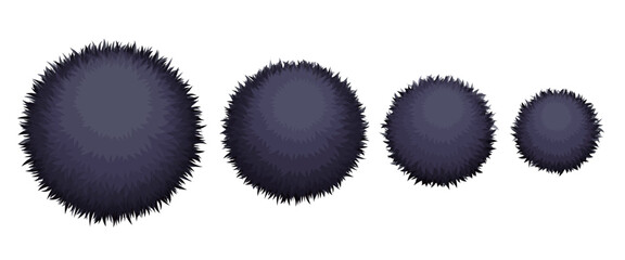 Set of four black fluffy pom poms in different sizes