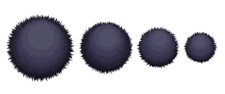Set of four black fluffy pom poms in different sizes