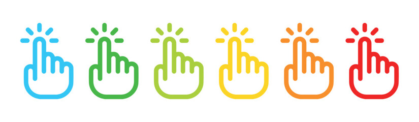 Colorful hand pointer icons in a row showing different colors of the rainbow on a white background