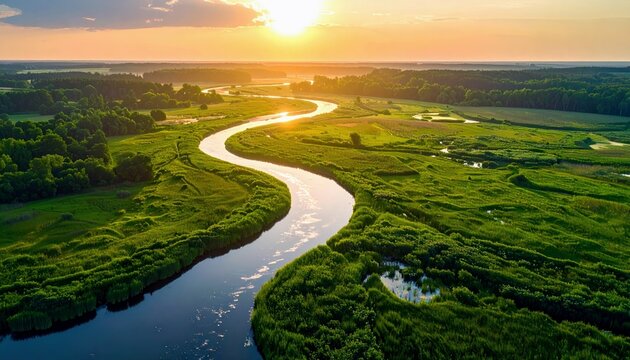 An aerial view captures a winding river flowing through vibrant green fields and forests, illuminated by the warm glow of a setting sun.