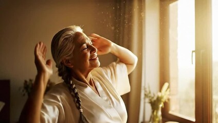 world introvert day peaceful senior woman waking up morning sun