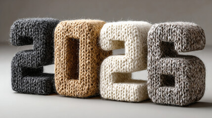 Cozy wool textured numbers arranged to display the year 2026 upon the neutral background, captured within soft lighting featuring a warm and minimal aesthetic for a calm mood