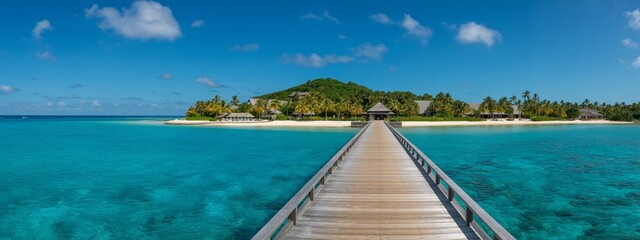 Stunning tropical island paradise awaits with a picturesque wooden pier leading to pristine beaches and luxury resort bungalows under a brilliant blue sky