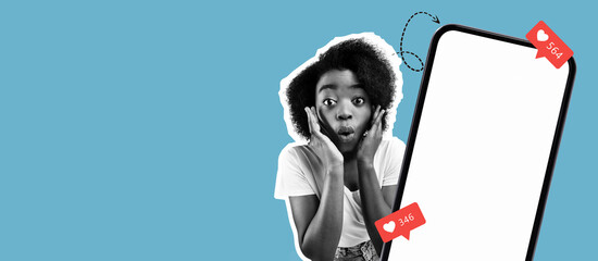 A young woman with curly hair shows surprise as she reacts to social media notifications on her phone. Bright colors and bold graphics emphasize her excitement and joy in engaging with online content.
