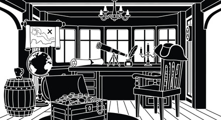 Discover pirate treasure in a classic cabin with a map and gold coins