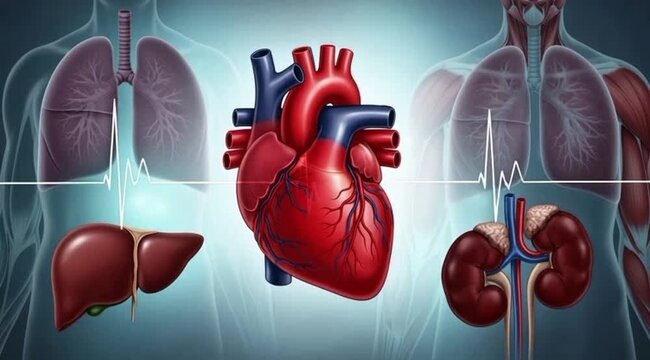 Animated video explaining human anatomy and organ function for science or medical education, health insights with organ closeups and heartbeat rhythm