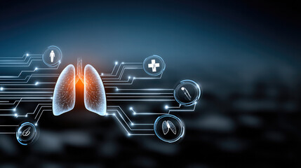 Futuristic digital lung illustration with glowing medical icons, technology, healthcare, innovation, and data concept