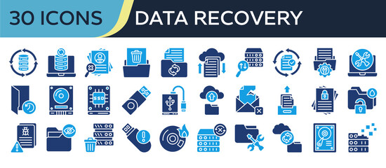 Collection of Data Recovery icons, related to Data Recovery, Folder Restore, Backup File, Hard Drive, Cloud Backup and more. Solid icons vector illustation.