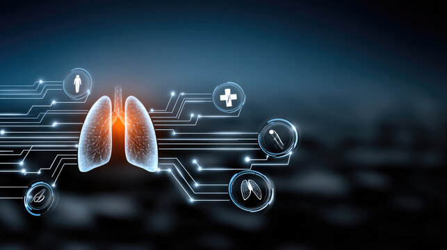 Futuristic digital lung illustration with glowing medical icons, technology, healthcare, innovation, and data concept