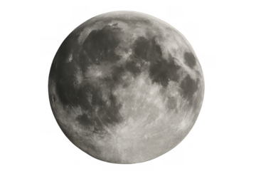 Full moon showing detailed lunar surface and craters, cosmic satellite rotating earth, astronomical celestial body isolated