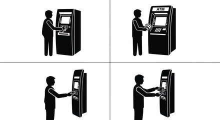 People interact with ATM machines for transactions, withdrawals, and deposits