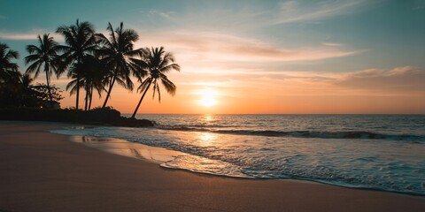 Golden sunset paints the sky over a serene tropical beach with gentle waves lapping the shore and silhouetted palm trees swaying rhythmically