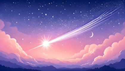 Night sky with shooting stars and clouds all around