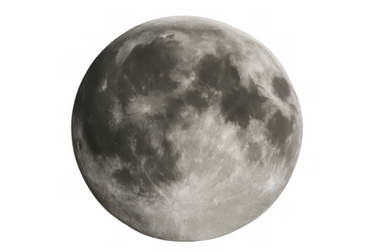 Full moon showing detailed lunar surface and craters, cosmic satellite rotating earth, astronomical celestial body isolated