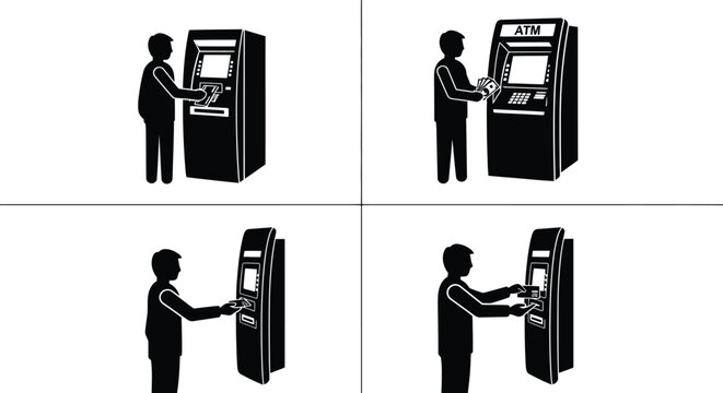 People interact with ATM machines for transactions, withdrawals, and deposits