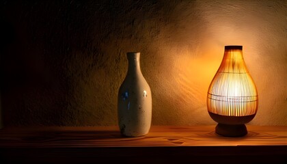 Ceramic vase with oil lamp in a dark room on a wooden table