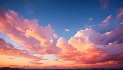 A view of the blue sky with the setting sun reflecting pink light on the beautiful clouds.