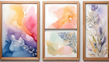 The wall painting combines pastel colors of purple, pink and orange to form abstract and floral shapes in a wooden frame