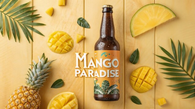 Mango paradise beer bottle with tropical fruits and leaves flat lay design