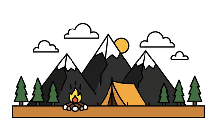 Vibrant mountain camping scene with campfire, tent, and sun
