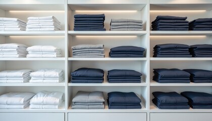 Neatly folded stacks of white, grey, and navy blue casual tops or sweaters fill white store shelves. The apparel is organized by color on clean minimalist display racks.