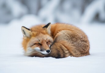 Obraz premium Red fox curled up sleeping in snow 