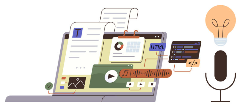 Digital workspace featuring laptop, text, HTML code, charts, audio, and video icons. Ideal for online learning, programming, media production technology web design innovation simple flat metaphor