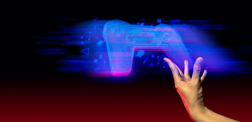 gamer hand touching and interactive to holographic of gaming joystick controller, game and esports technology