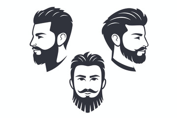 Three stylized bearded man portraits showcase dark hair and facial hair on white background