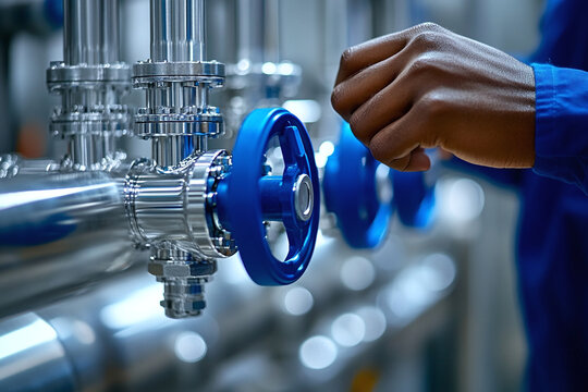 Worker operates a valve on a metal pipeline system. Industrial control and maintenance in a technical facility.