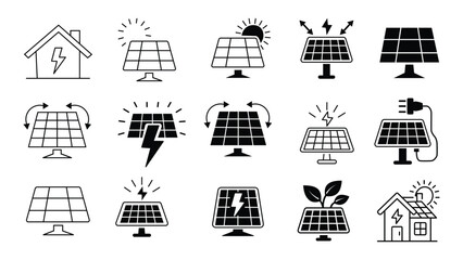 Solar panel energy icons set for renewable power and sustainability