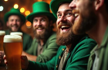 Four men with beards wear green hats, enjoy beer together in a pub. Friends smile, laugh, and celebrate St Patricks Day with drinks at a bar indoors. They wear green outfits.