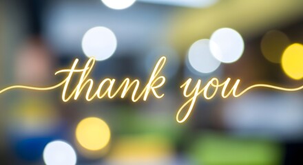 Elegant handwritten thank you message with soft bokeh lights in warm yellow and white tones