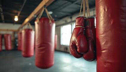 Red boxing gloves hang by a punching bag in a gym. Multiple heavy bags line the room. Athletes train for competition and fitness. Focus on sports and active lifestyle.