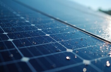 Close up macro shot of solar panels with water droplets on their surface. The blue grid pattern of the photovoltaic cells reflects sunlight. Clean energy source, abstract texture background.
