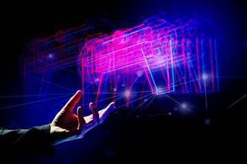 gamer hand touching and interactive to holographic of gaming joystick controller, game and esports...