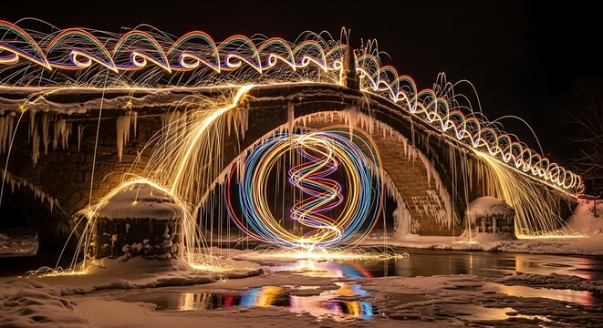 Long exposure light painting on a bridge at night with sparks and colorful light trails. - Powered by Adobe