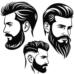 Three stylized Black and White images showcase bearded men with trendy haircuts in profile