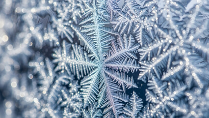 Intricate frost patterns forming delicate ice crystals on a cold surface